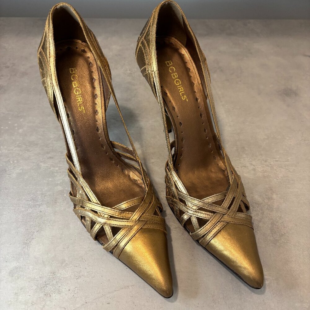BCBGirls Genuine Leather Metallic Gold High Heel Shoes Size 8